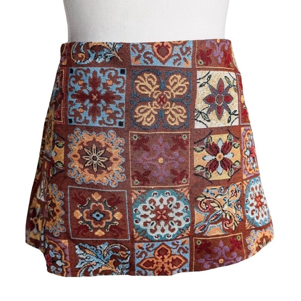 Cider Tapestry Tile Print Skort Brown Blue Mini Skirt Shorts L Boho NEW